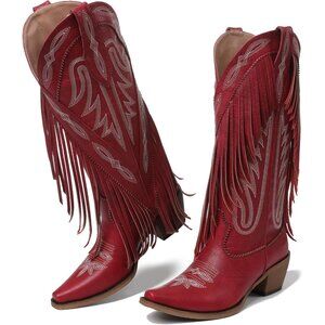 Women's Red Pointed Toe Pull On Block Chunky Heel Embroidery Tassel Country